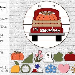 May include: A red truck with a white wooden bed carrying two orange pumpkins. The truck has the text "THE Saavedras" on the back. The truck is on a white circle with a wood grain pattern. The image also includes a variety of other SVG cut files, including a lemon, a wreath, a star, a snowflake, a heart, and a sun.