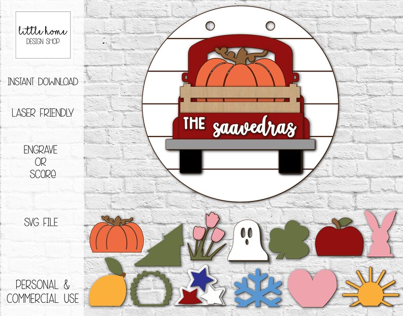 May include: A red truck with a white wooden bed carrying two orange pumpkins. The truck has the text "THE Saavedras" on the back. The truck is on a white circle with a wood grain pattern. The image also includes a variety of other SVG cut files, including a lemon, a wreath, a star, a snowflake, a heart, and a sun.
