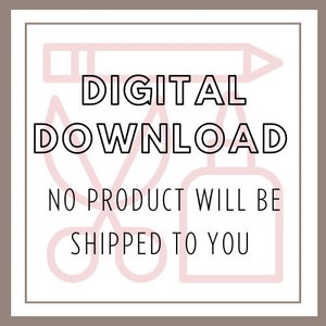 Op de afbeelding: Een roze en witte afbeelding met een potlood, een schaar en een fles. De tekst luidt "DIGITAAL DOWNLOAD GEEN PRODUCT WORDT NAAR U VERZONDEN".