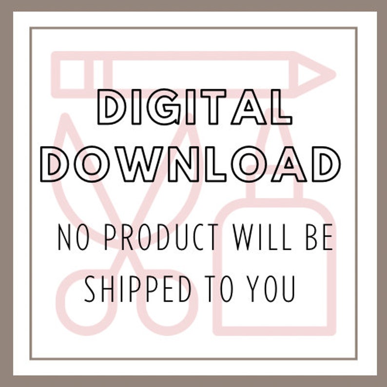 Op de afbeelding: Een roze en witte afbeelding met een potlood, een schaar en een fles. De tekst luidt "DIGITAAL DOWNLOAD GEEN PRODUCT WORDT NAAR U VERZONDEN".