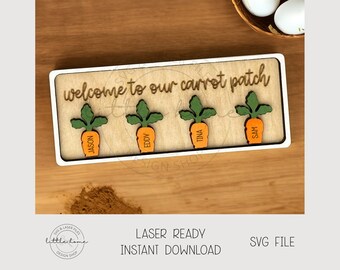 Cartello personalizzato con nome della famiglia pasquale in formato SVG laser, il nostro file di taglio Carrot Patch (download digitale)