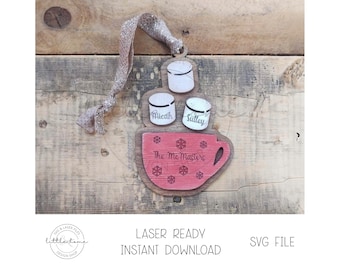 Adorno de malvavisco con nombre de familia, archivo SVG láser, etiqueta para calcetín de cacao (descarga digital)