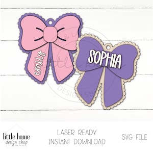 Scalloped Bow Name Tag Svg, Bow Backpack Tag Laser Svg File, Bow Basket Tag Laser File, Bow Keychain Laser File, Kids Luggage Bag Tag Svg