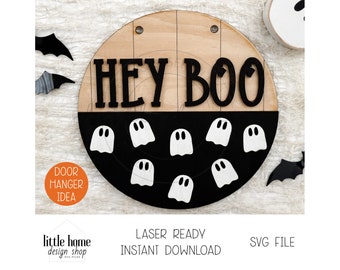Hey Boo Ghost Door Hanger Laser SVG, Välkommen Halloween dörrskylt fil (digital nedladdning)
