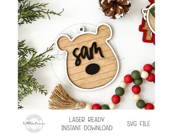 Adorno navideño de oso en formato SVG láser, etiqueta con nombre para calcetín (descarga digital)