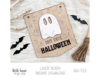Plik SVG z laserowo wycinanym odliczaniem do Halloween, wieszak na drzwi dla dzieci z duchem (do pobrania cyfrowego)