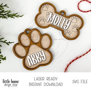 Hondenpootafdruk ornament laserbestand, hondenbot ornament laserbestand, gepersonaliseerd hond kerstornament laserbestand, huisdier ornament laserbestand