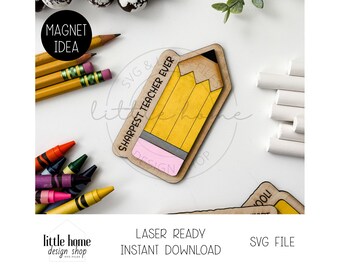 May include: A yellow pencil shaped magnet with the text "Sharpest Teacher Ever" on it. The magnet is on a white background with other school supplies.
