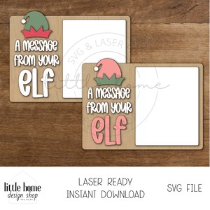 May include: Two printable Christmas elf tags with the text "A message from your elf" in a green and pink color scheme. The tags are laser ready and come with an SVG file.