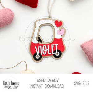 Adorno de cupé acogedor de San Valentín Svg, etiqueta de cesta de coche retro de San Valentín Svg, etiqueta de cesta para niños del día de San Valentín, etiqueta con nombre de coche linda Svg, corte láser