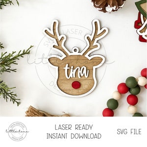 Reindeer Gift Tag Svg, Reindeer Ornament  Laser Svg, Personalized Christmas Tag Laser File, Stocking Tag Svg, Ornament Laser File