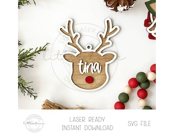 Reindeer Christmas Ornament Laser Cut File, Personalized Christmas Stocking Tag SVG (Digital Download)