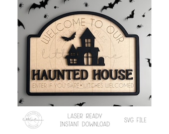 お化け屋敷へようこそ！レーザーSVGサイン、ハロウィンシェルフシッターファイル（デジタルダウンロード）