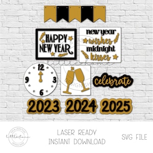 New Years Eve Tier Tray Svg, New Year Bundle Laser File, New Years Eve Laser Files, New Year Kisses Midnight Wishes Svg