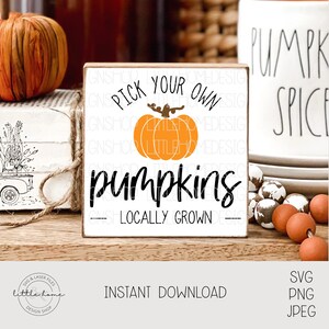 May include: A white wooden block sign with the text "Pick Your Own Pumpkins Locally Grown" in black and orange. The sign features an orange pumpkin graphic. The sign is part of a fall-themed display.