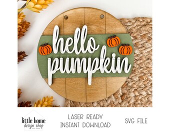 Hello Pumpkin Door Hanger Laser SVG File, Welcome Fall Sign SVG (Digital Download)