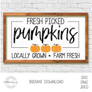 以下が含まれることがあります： 黒い文字で「FRESH PICKED pumpkins LOCALLY GROWN FARM FRESH」と書かれた木製の看板。テキストの下にオレンジ色のカボチャが3つ描かれています。