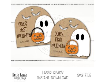 最初のハロウィーン記念品レーザーSVGファイル、ゴーストブーバスケットタグSVG（デジタルダウンロード）