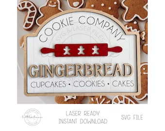 Gingerbread Bakery Sign Laser SVG File, Winter Shelf Sitter Cut File (Digital Download)