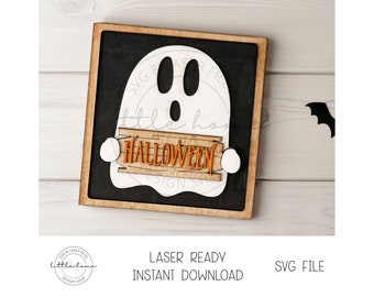 Halloween Ghost Shelf Sitter Laser SVG, Halloween Leaning Sign Cut File (Digital Download)