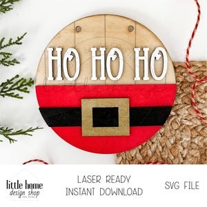Ho Ho Ho ドアハンガー レーザー SVG ファイル、サンタ ドアハンガー SVG、クリスマス ウェルカム サイン レーザー ファイル、丸型クリスマス ドアハンガー レーザー ファイル