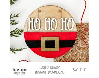 Santa Belly Ho Ho dörrhängare laserfil, julvälkomstskylt SVG (digital nedladdning)