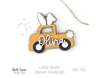 Easter Truck Kid mand naamplaatje laser-svg, konijn oormerkbestand (digitale download)
