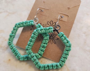 Green Hexagon Macrame Earrings | Knotted Hemp Cord Jewelry | Minimalist Geometric Dangle Earrings | Lightweight Funky Jewelry