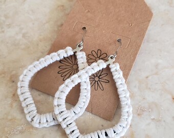 White Pear Shaped Macrame Earrings | Knotted Hemp Cord Jewelry | Beach Chic Earrings | Coastal Inspired Rope Jewelry for Everyday Wear