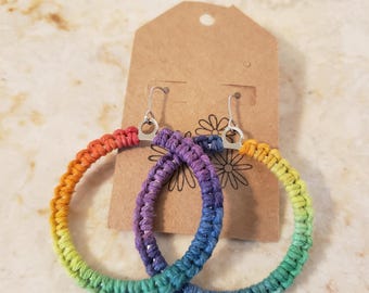 Rainbow Circle Macrame Earrings | Handmade Hemp Jewelry | Boho Hoop Dangle Pride Earrings