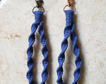 Sapphire Blue Handmade Woven Wristlet Keychain, Twisted Spiral Knot Braided Wallet Strap, Macrame Keychain, Sustainable Fashion Accessory