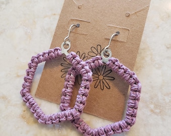 Pastel Purple Hexagon Macrame Earrings | Hemp Rope Dangle Earrings | Light-weight Geometric Jewelry | Minimalist Fashion Ideas