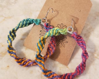 Rainbow Spiral Macrame Earrings | Handmade Funky Jewelry | Twisted Hoop Dangle Pride Earrings