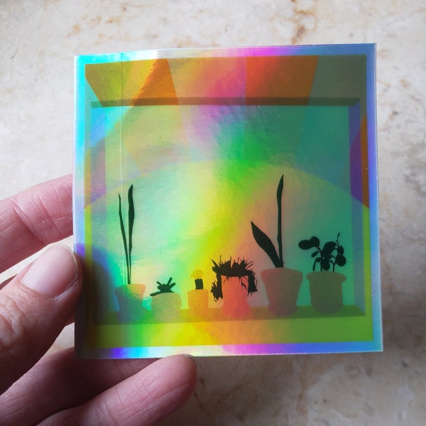 Succulent Plants Sunrise Sticker - Holographic, Vinyl, Rainbow, Square