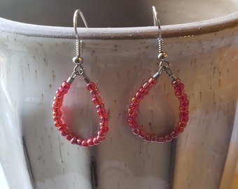 Red Seed Bead Teardrop Earrings, Two-tone Beaded Dangle Earrings