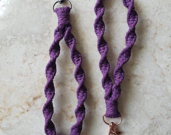 Royal Purple Handmade Macrame Wristlet Keychain, Twisted Spiral Knot Braided Wallet Strap, Macrame Keychain, Eco-friendly Natural Wristlet