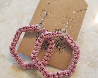 Pink Hemp Fiber Hexagon Earrings | Lightweight Natural Jewelry | Geometric Minimalist Dangle Earrings | Handwoven Macrame Gift for Her
