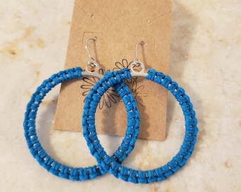 Blue Circle Macrame Earrings | Handmade Hemp Jewelry | Boho Statement Earrings