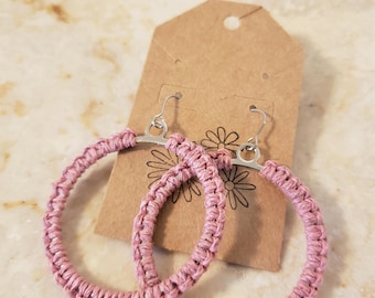 Pink Circle Macrame Earrings | Handmade Hemp Jewelry | Boho Statement Earrings