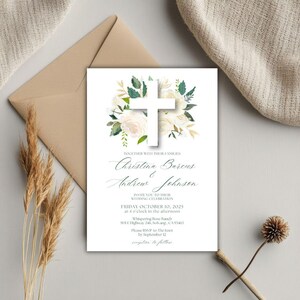 Minimalistische Hochzeitseinladung | weiße Rosen + Kreuz | Neutrale Hochzeitseinladung | Taufeinladung | Geburtsanzeige | Erinnerungskarte
