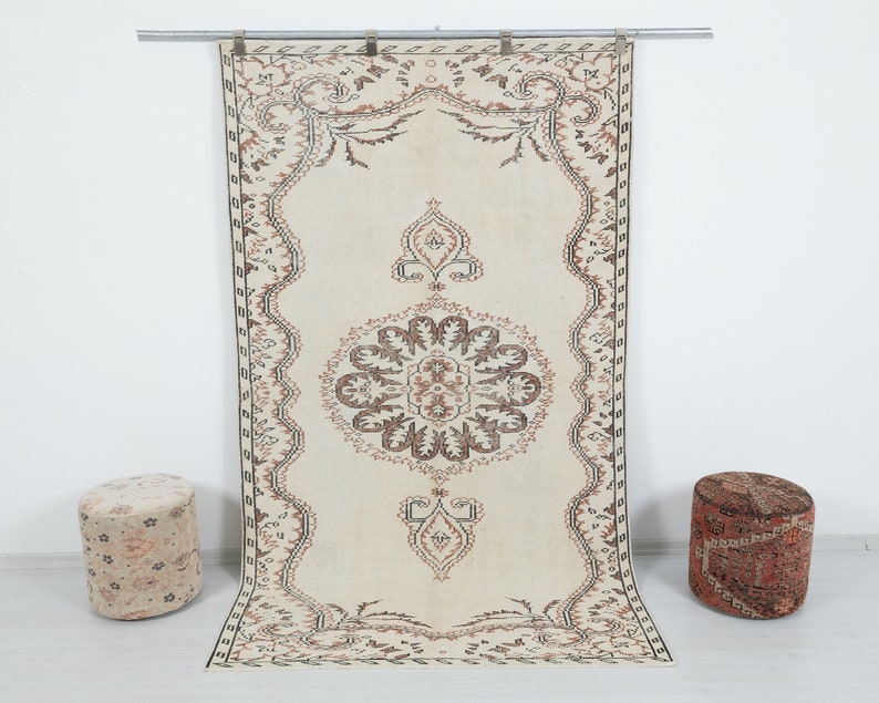 5x8 Turkish Rug, Vintage Rug, Oushak Rug, Neutral Rug, Area Rug, Low pile Rug, Beige Rug, Floor Rug, Distressed Rug, Bedroom Area Rug image 1