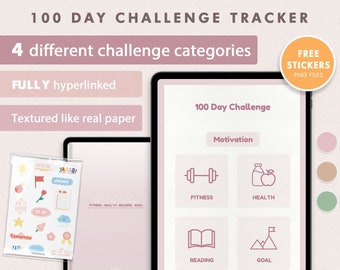 Rastreador de desafíos de 100 días / Fitness, Lectura, Salud, Seguimiento de objetivos / Diario de acondicionamiento físico, Superación personal, Pérdida de peso / PDF con hipervínculos