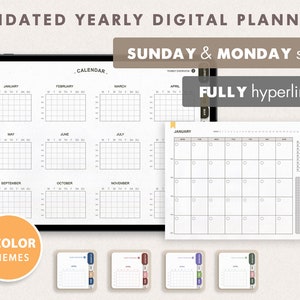 May include: A digital planner with 12 monthly calendar pages, a yearly overview page, and a notes page. The planner is undated and has a Sunday and Monday start. The planner is fully hyperlinked and comes in 5 color themes.