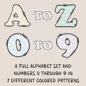 Puede incluir: Imagen que muestra las letras de la A a la Z y los números del 0 al 9, cada uno con un diseño estampado único y un contorno cosido. El texto dice: "A FULL ALPHABET SET AND NUMBERS 0 THROUGH 9 IN 7 DIFFERENT COLORED PATTERNS."