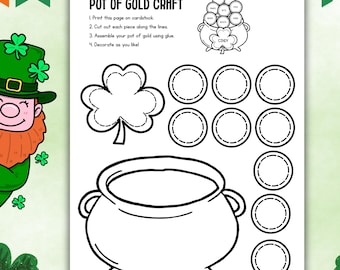 St. Patrick’s Day Pot of Gold Craft Printable, Gratitude Writing Activity, March Classroom SEL Craft for Kids, 6 Bonus Color Pages