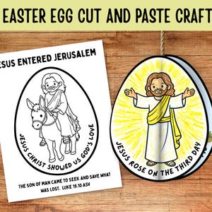 Könnte beinhalten: Ein 3D-Osterei-Bastelprojekt mit zwei eiförmigen Illustrationen. Eine zeigt Jesus auf einem Esel, mit dem Text "Jesus zog in Jerusalem ein". Die andere zeigt Jesus mit ausgestreckten Armen, mit dem Text "Jesus ist am dritten Tag auferstanden."