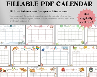 Fillable 2026 Monthly Calendar, Colorful Printable 2026 Planner for Kids, Home School Work Office Organizer, Editable PDF, Instant Download