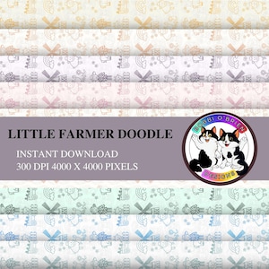 Puede incluir: Papeles digitales con el tema "Little Farmer Doodle", que muestran patrones repetidos de elementos de granja como molinos de viento, ovejas y tractores en tonos pastel. La imagen incluye el texto "Little Farmer Doodle" y un logotipo.