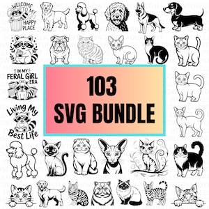 May include: A collection of black and white animal illustrations, including dogs, cats, and raccoons. The image features the text "103 SVG BUNDLE" in a colorful rectangle, along with other text such as "Welcome to my happy place".