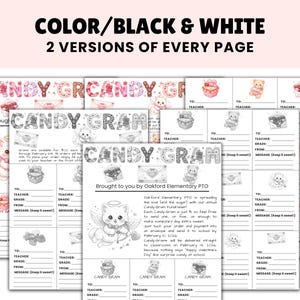 May include: Printable Candy Gram sheets in colour and monochrome, with the text "CANDY GRAM". The sheets have spaces for "TO", "TEACHER", "GRADE", and "FROM". Illustrations of bears, cats, and hearts are included in the design.
